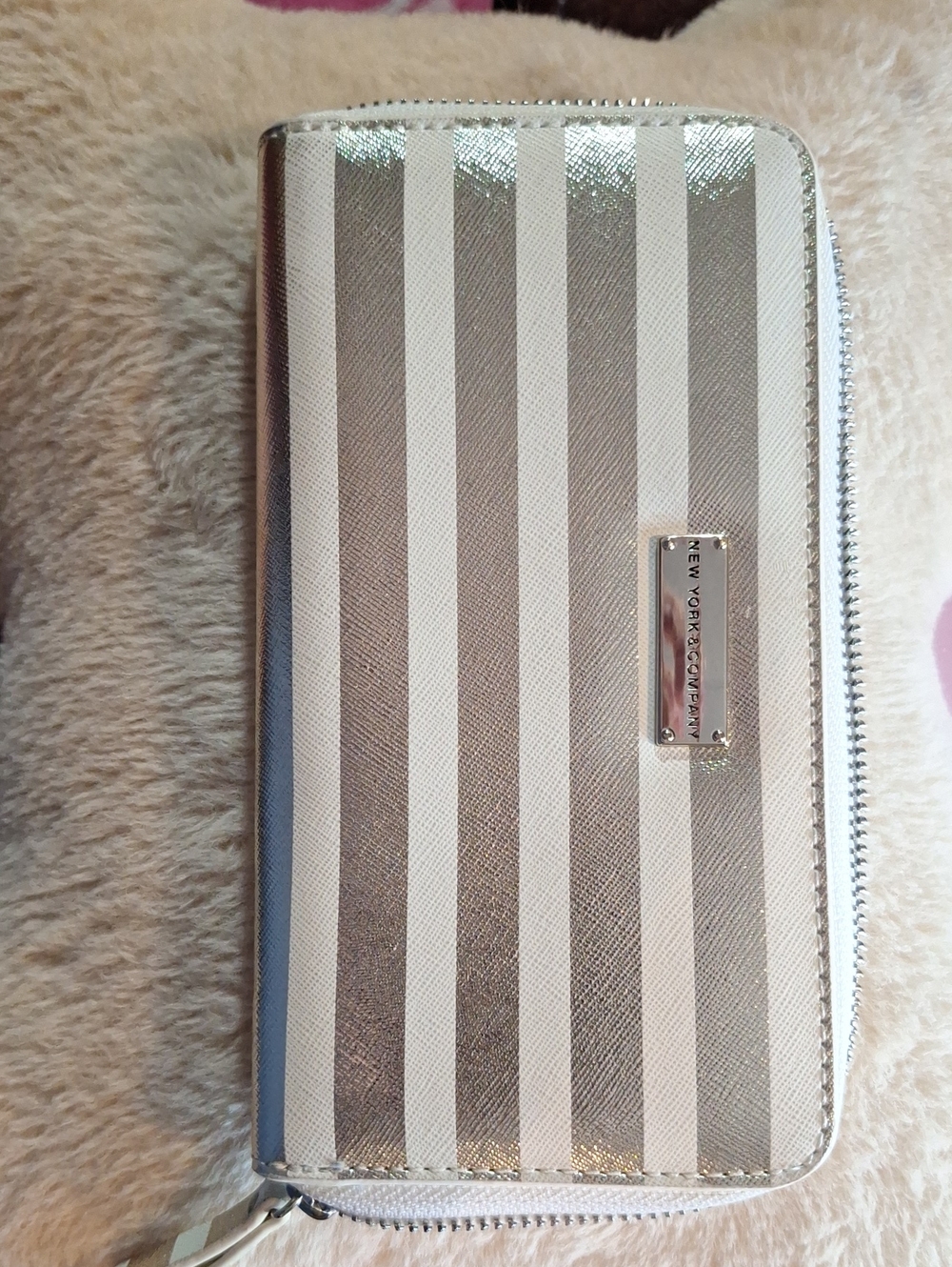 New York & Company Silver and White Striped Zip Wallet